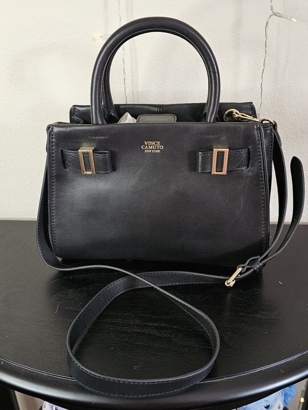Vince Camuto Eli Satchel Black Leather Top Handle HandBag Purse
